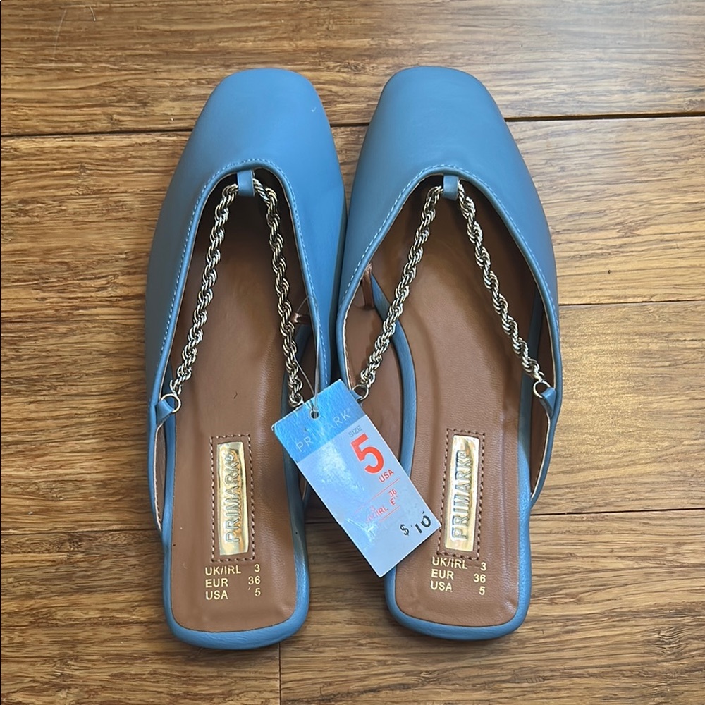 Primark Blue Mules with Gold Braids